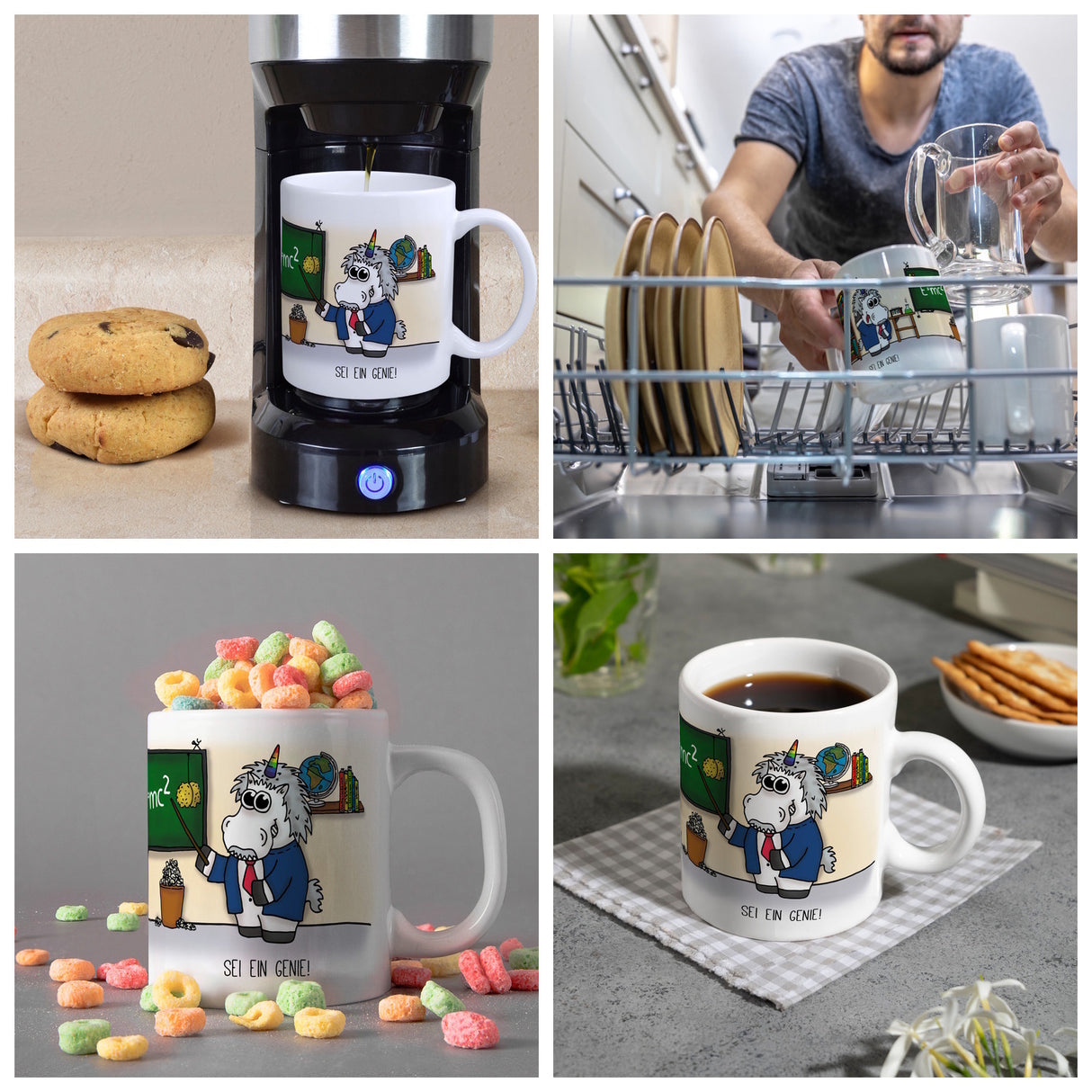 Honeycorns Kaffeebecher mit Einhorn Motiv und Spruch: Sei ein Genie!