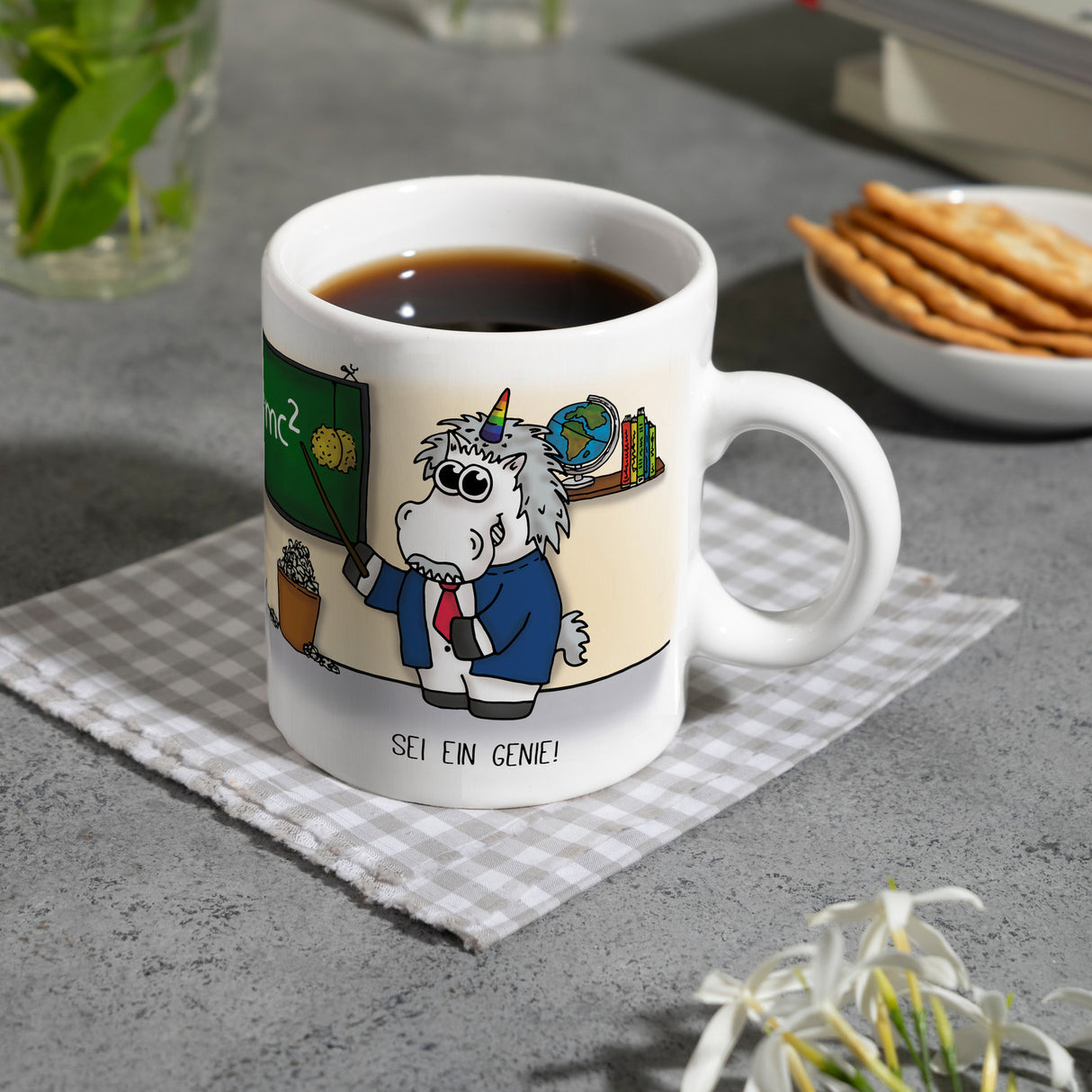 Honeycorns Kaffeebecher mit Einhorn Motiv und Spruch: Sei ein Genie!