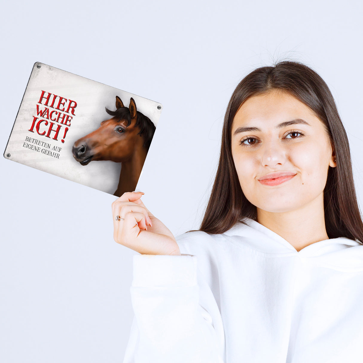 Metallschild mit Pferd Motiv und Spruch: Betreten auf eigene Gefahr - Koppelschild, Warnschild