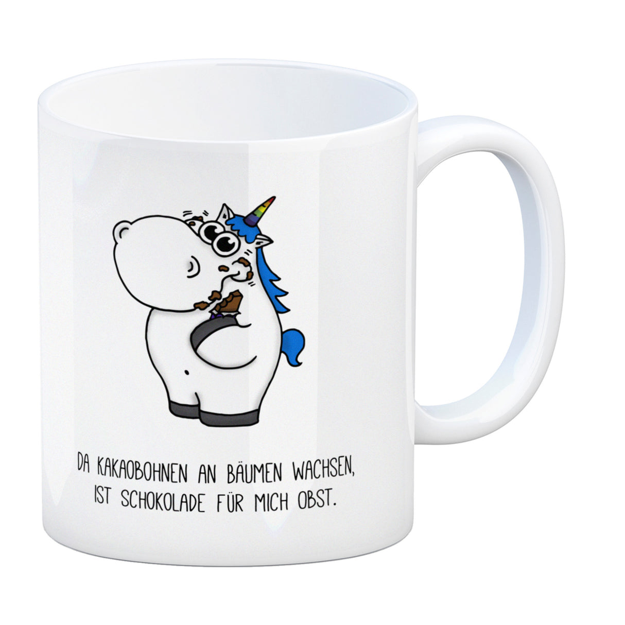 Honeycorns Kaffeebecher mit Einhorn Motiv und Spruch: Da Kakaobohnen an Bäumen wachsen, ...