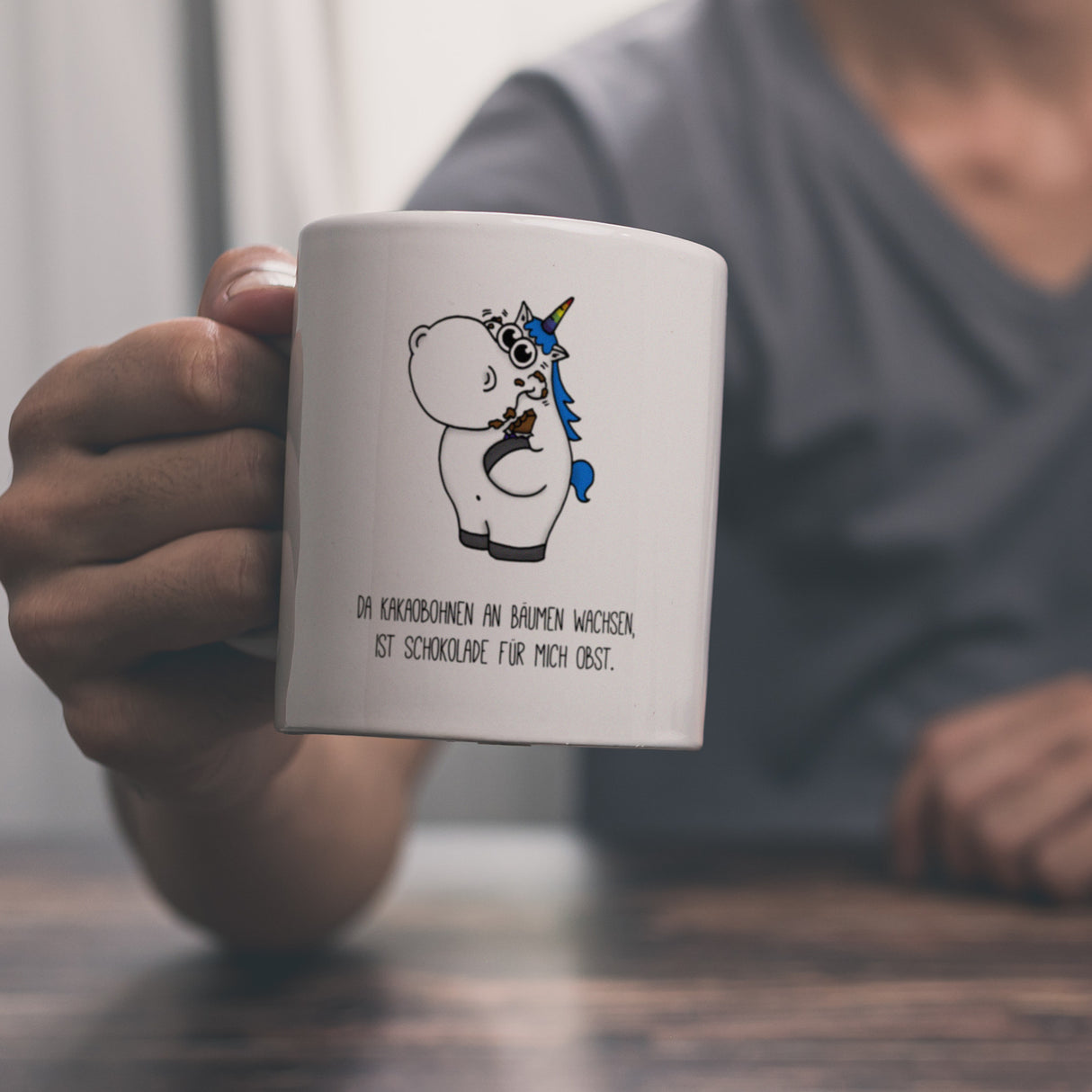 Honeycorns Kaffeebecher mit Einhorn Motiv und Spruch: Da Kakaobohnen an Bäumen wachsen, ...