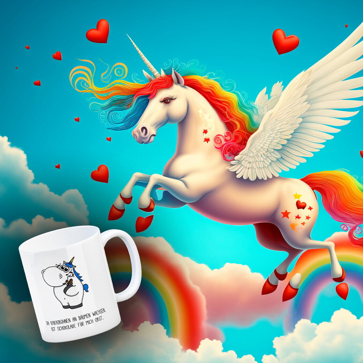 Honeycorns Kaffeebecher mit Einhorn Motiv und Spruch: Da Kakaobohnen an Bäumen wachsen, ...
