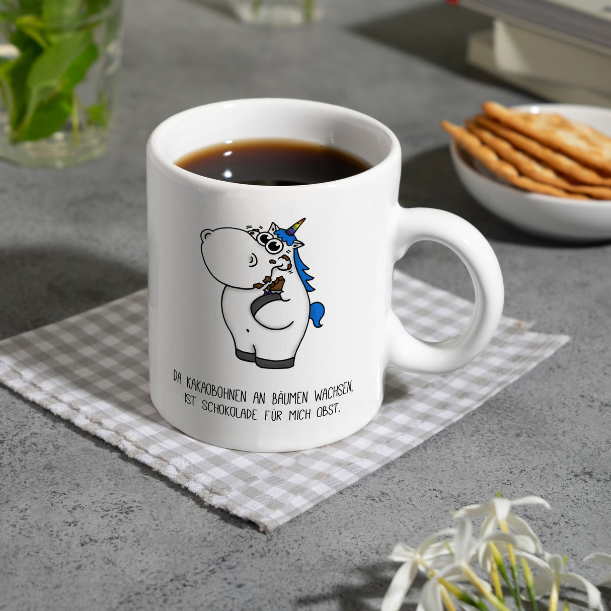 Honeycorns Kaffeebecher mit Einhorn Motiv und Spruch: Da Kakaobohnen an Bäumen wachsen, ...
