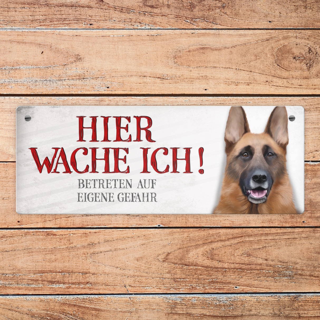 Metallschild mit Schäferhund Motiv und Spruch: Betreten auf eigene Gefahr ...