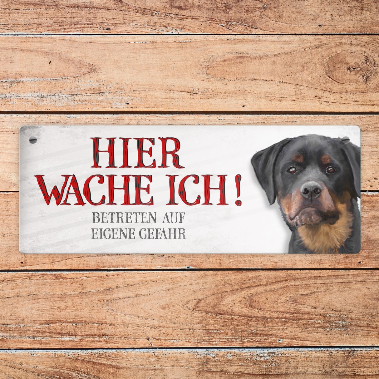 Metallschild mit Rottweiler Motiv und Spruch: Betreten auf eigene Gefahr ...