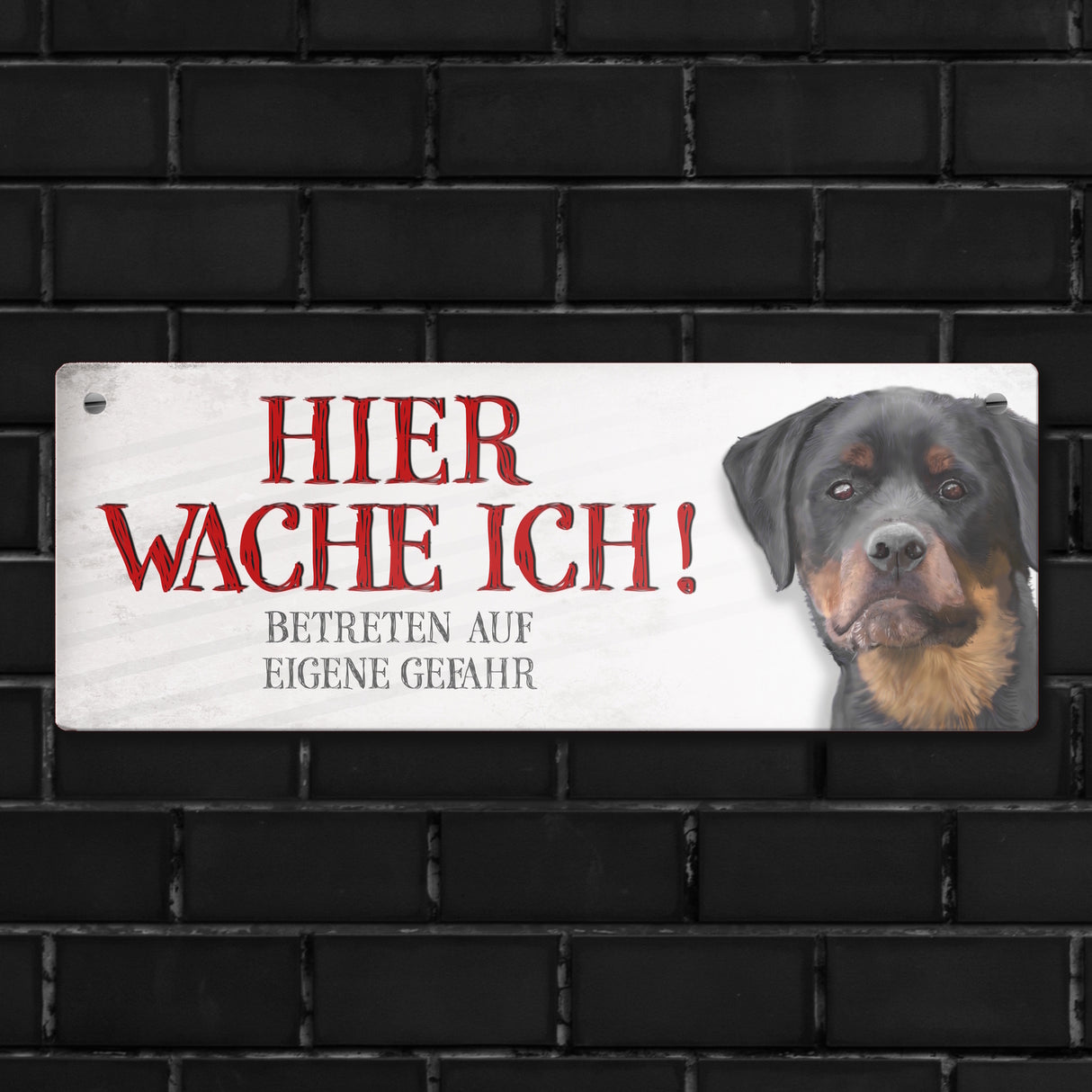 Metallschild mit Rottweiler Motiv und Spruch: Betreten auf eigene Gefahr ...