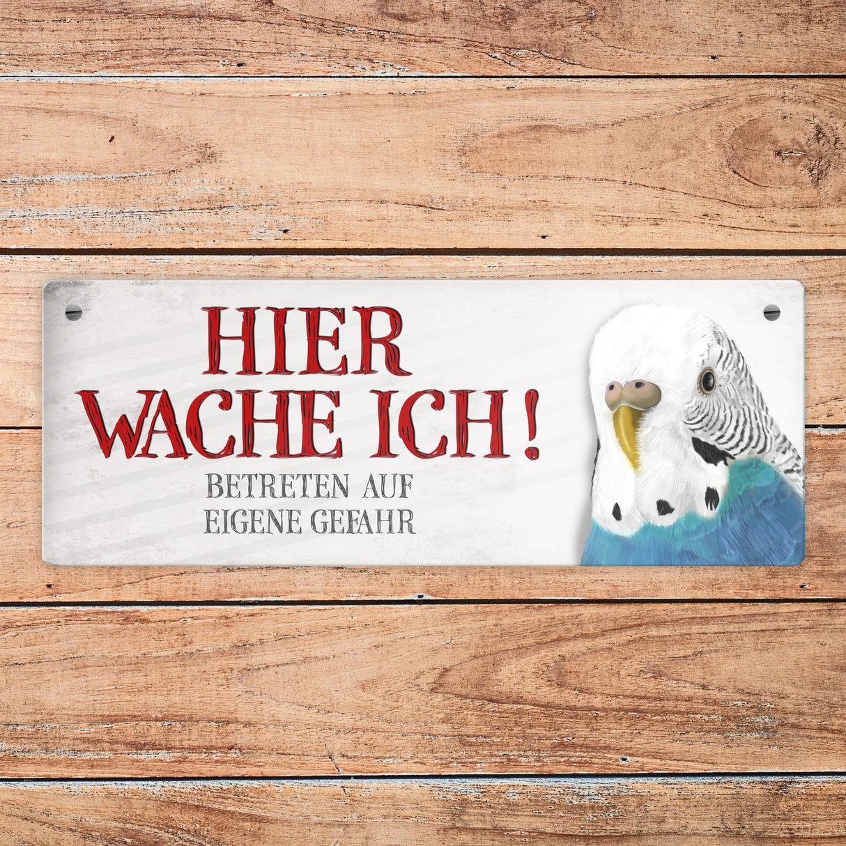 Metallschild mit Wellensittich Motiv und Spruch: Betreten auf eigene Gefahr ...