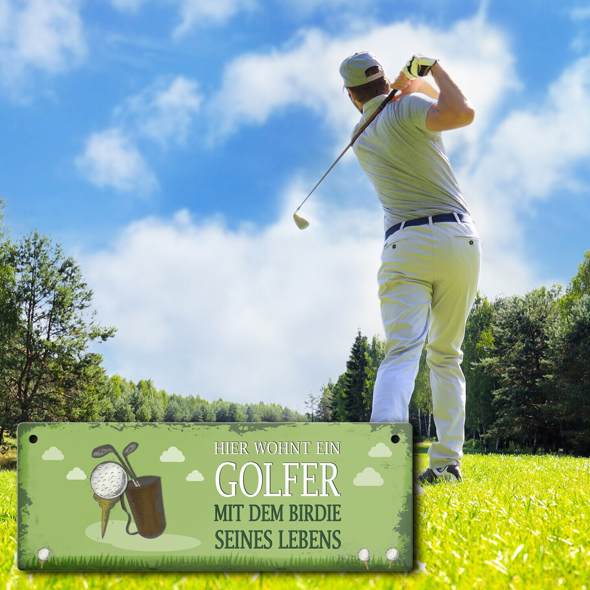 Metallschild mit Spruch: Hier wohnt ein Golfer - mit dem ...