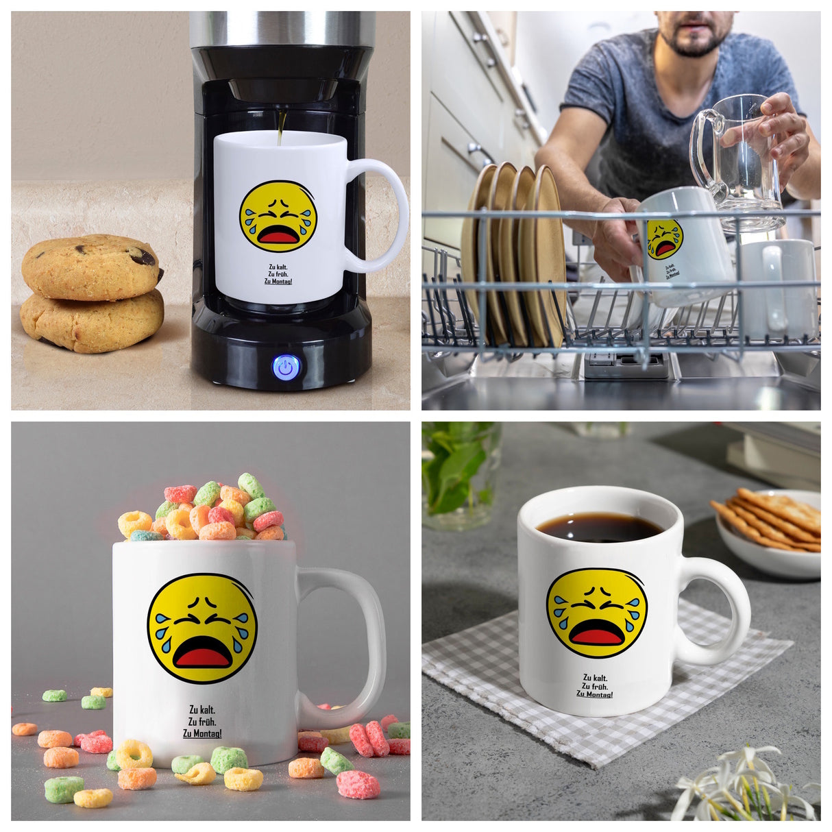 Kaffeebecher mit Spruch: Zu kalt. Zu früh. Zu Montag!