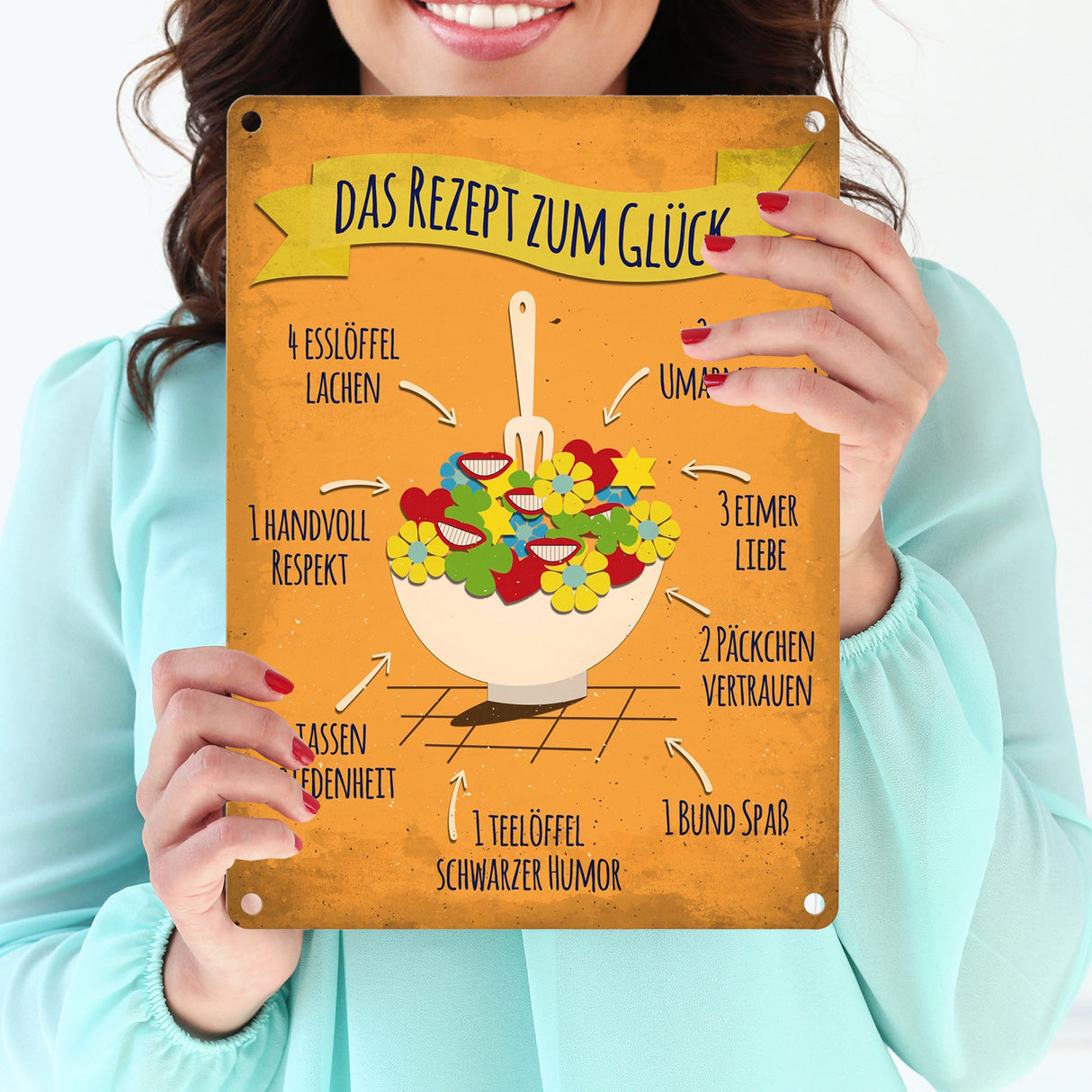 Metallschild mit Rezept zum Glück Motiv