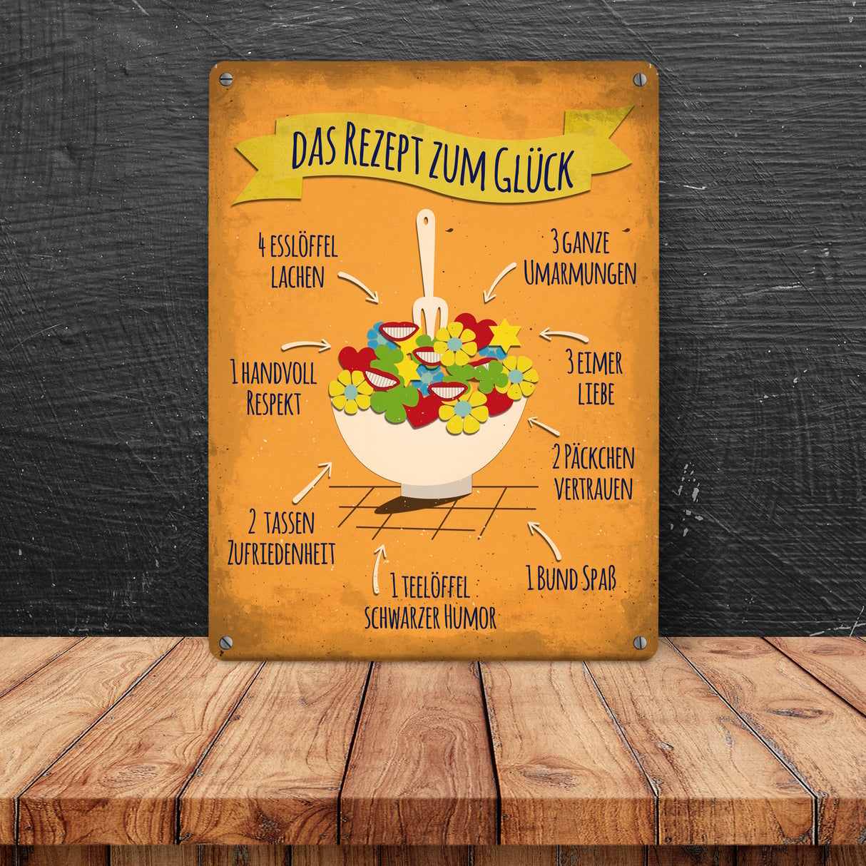Metallschild mit Rezept zum Glück Motiv
