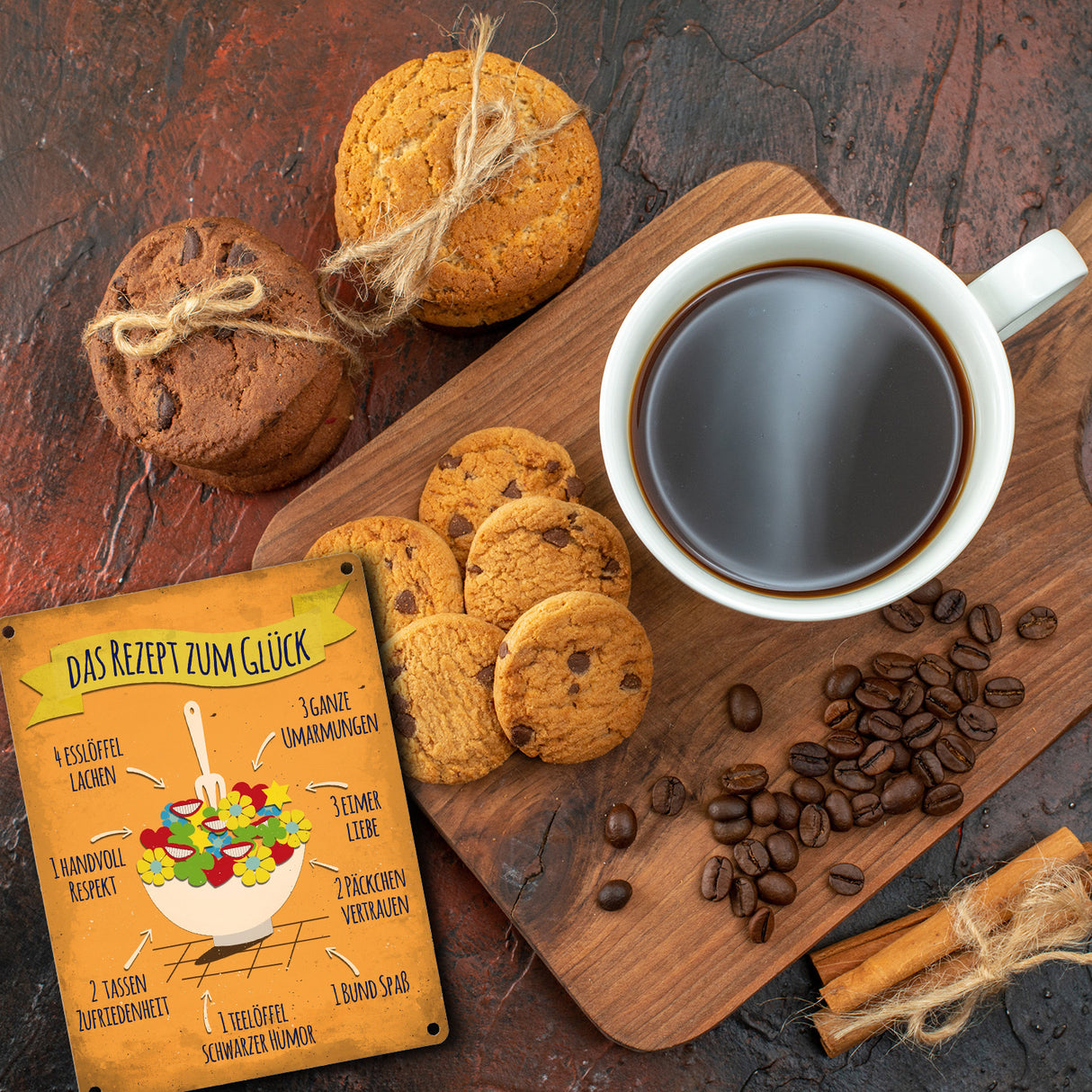 Metallschild mit Rezept zum Glück Motiv