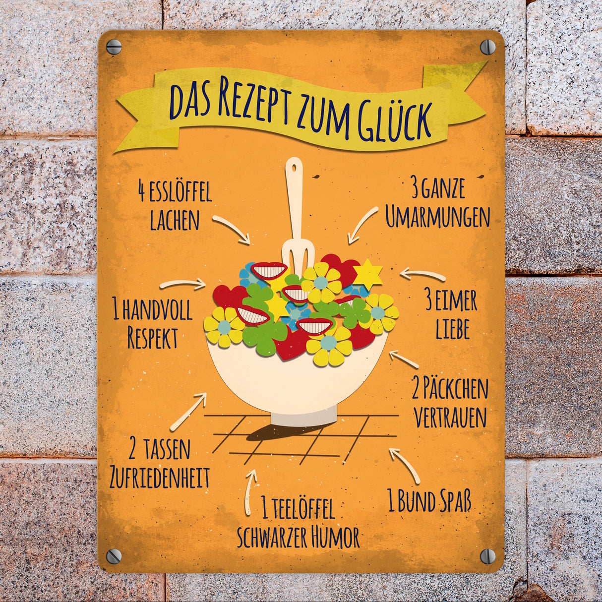 Metallschild mit Rezept zum Glück Motiv