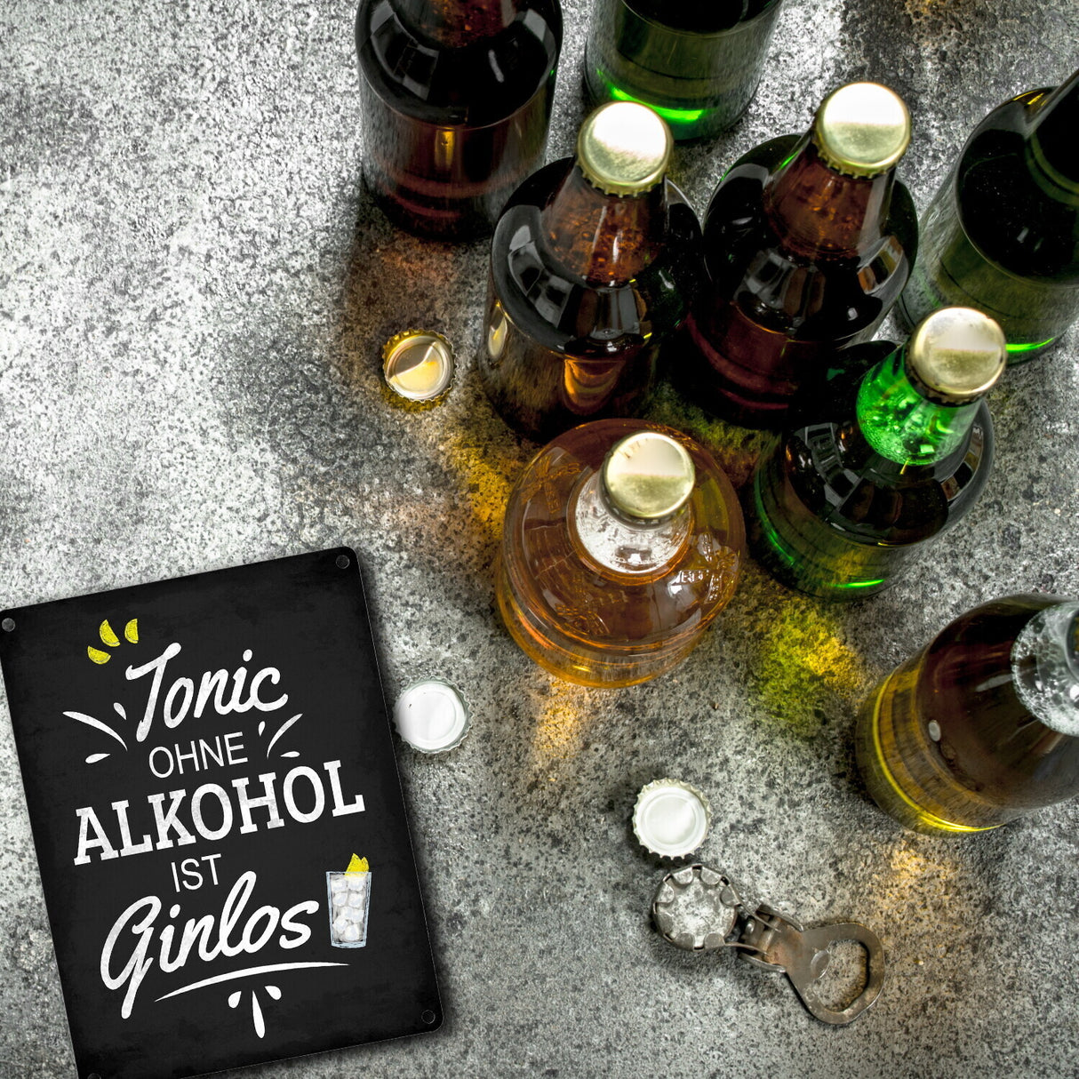 Metallschild mit Spruch: Tonic ohne Alkohol ist Ginlos