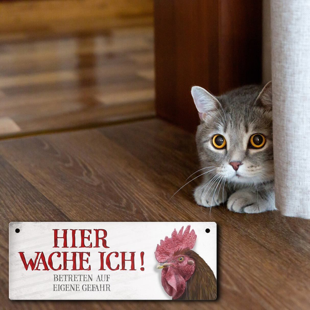 Metallschild mit Hahn Motiv und Spruch: Betreten auf eigene Gefahr ...