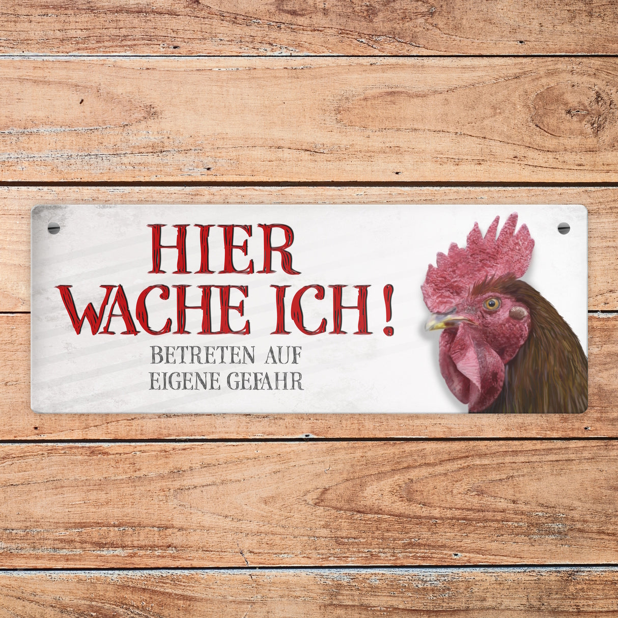 Metallschild mit Hahn Motiv und Spruch: Betreten auf eigene Gefahr ...