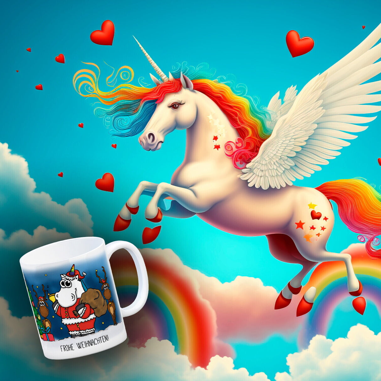 Honeycorns Kaffeebecher mit Einhorn Weihnachtsmann Motiv und Spruch: Frohe Weihnachten