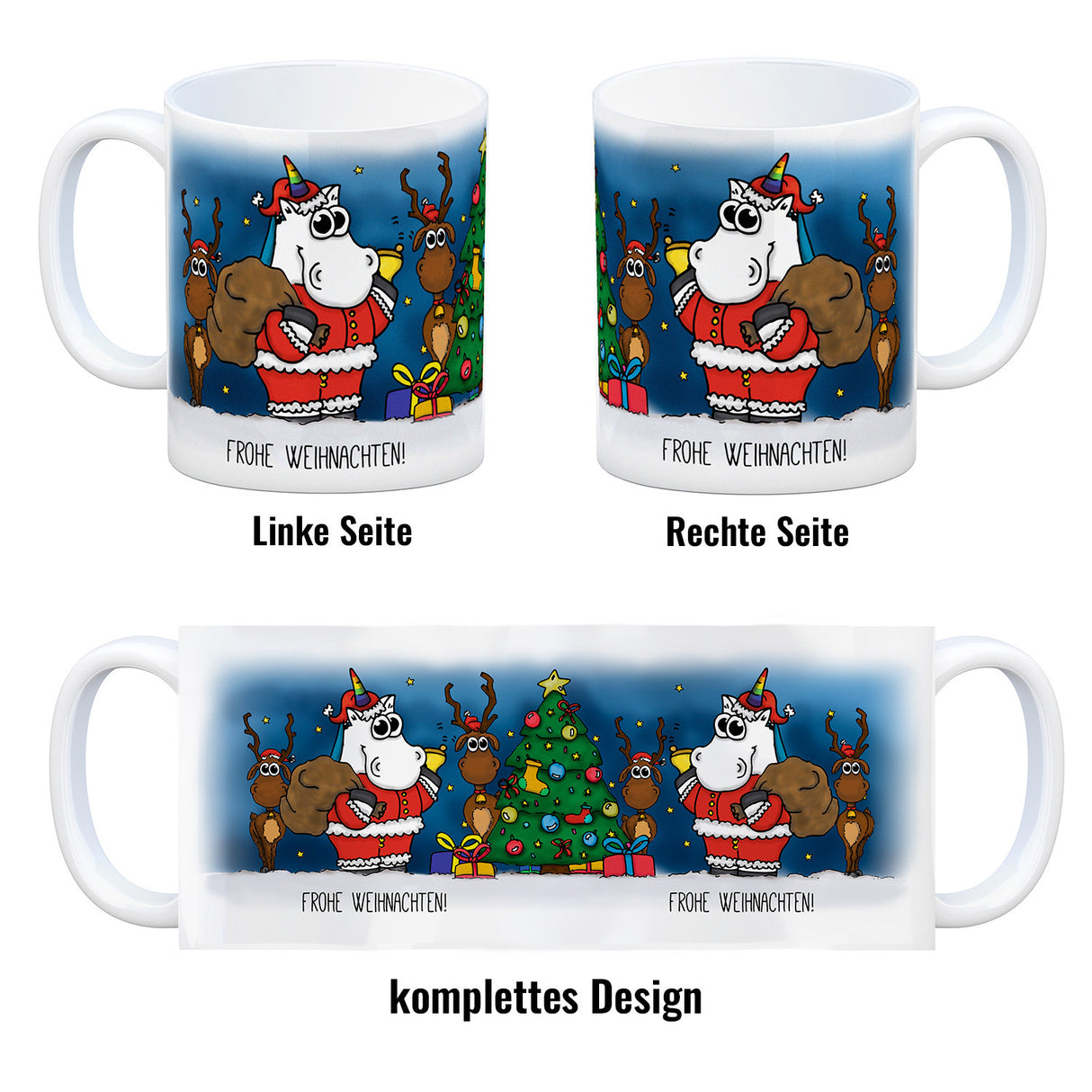 Honeycorns Kaffeebecher mit Einhorn Weihnachtsmann Motiv und Spruch: Frohe Weihnachten