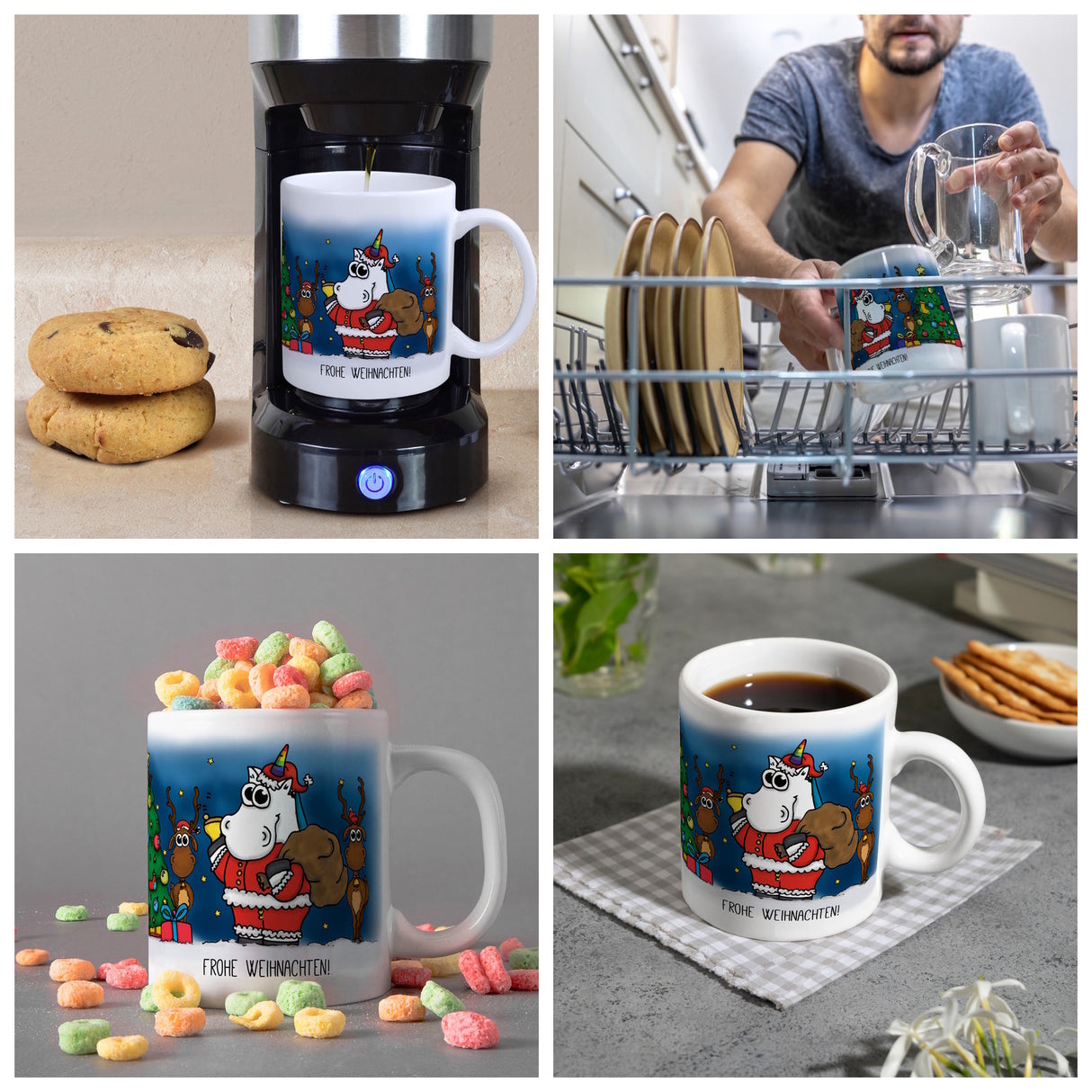 Honeycorns Kaffeebecher mit Einhorn Weihnachtsmann Motiv und Spruch: Frohe Weihnachten