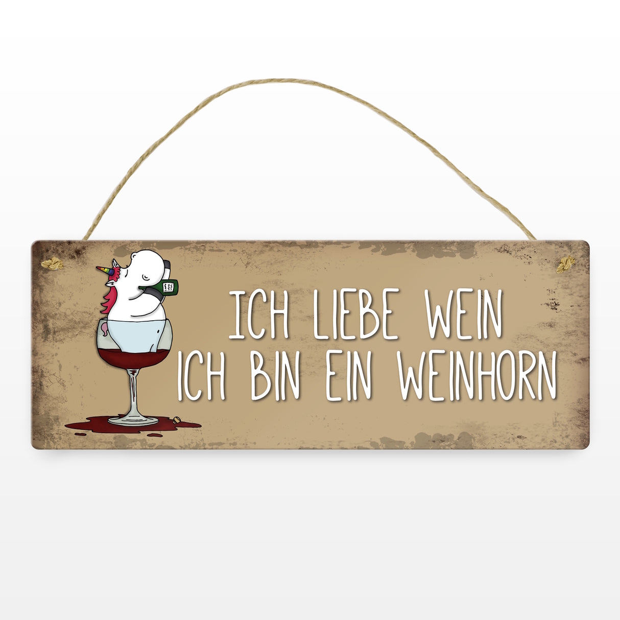 Honeycorns Metallschild mit Einhorn Motiv und Spruch: Ich liebe Wein, ich bin ein Weinhorn
