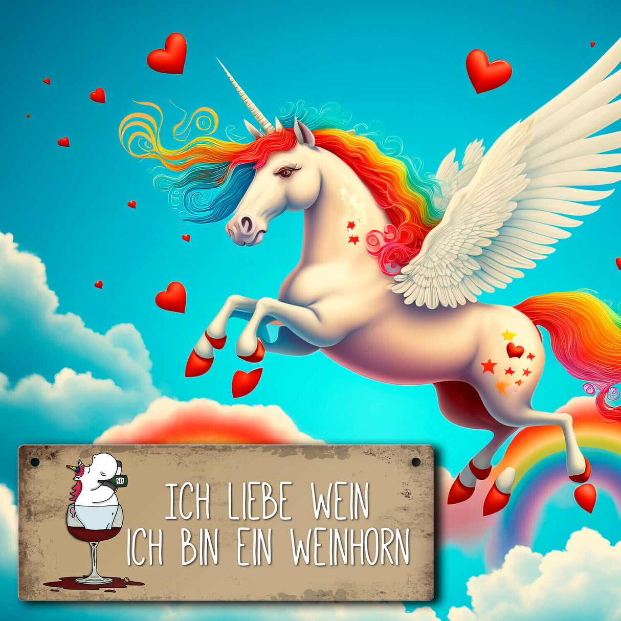 Honeycorns Metallschild mit Einhorn Motiv und Spruch: Ich liebe Wein, ich bin ein Weinhorn