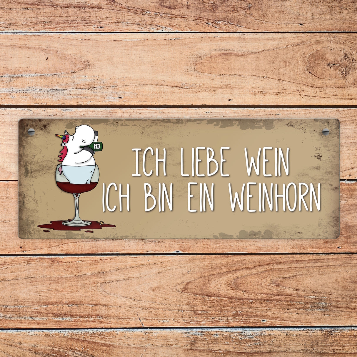 Honeycorns Metallschild mit Einhorn Motiv und Spruch: Ich liebe Wein, ich bin ein Weinhorn