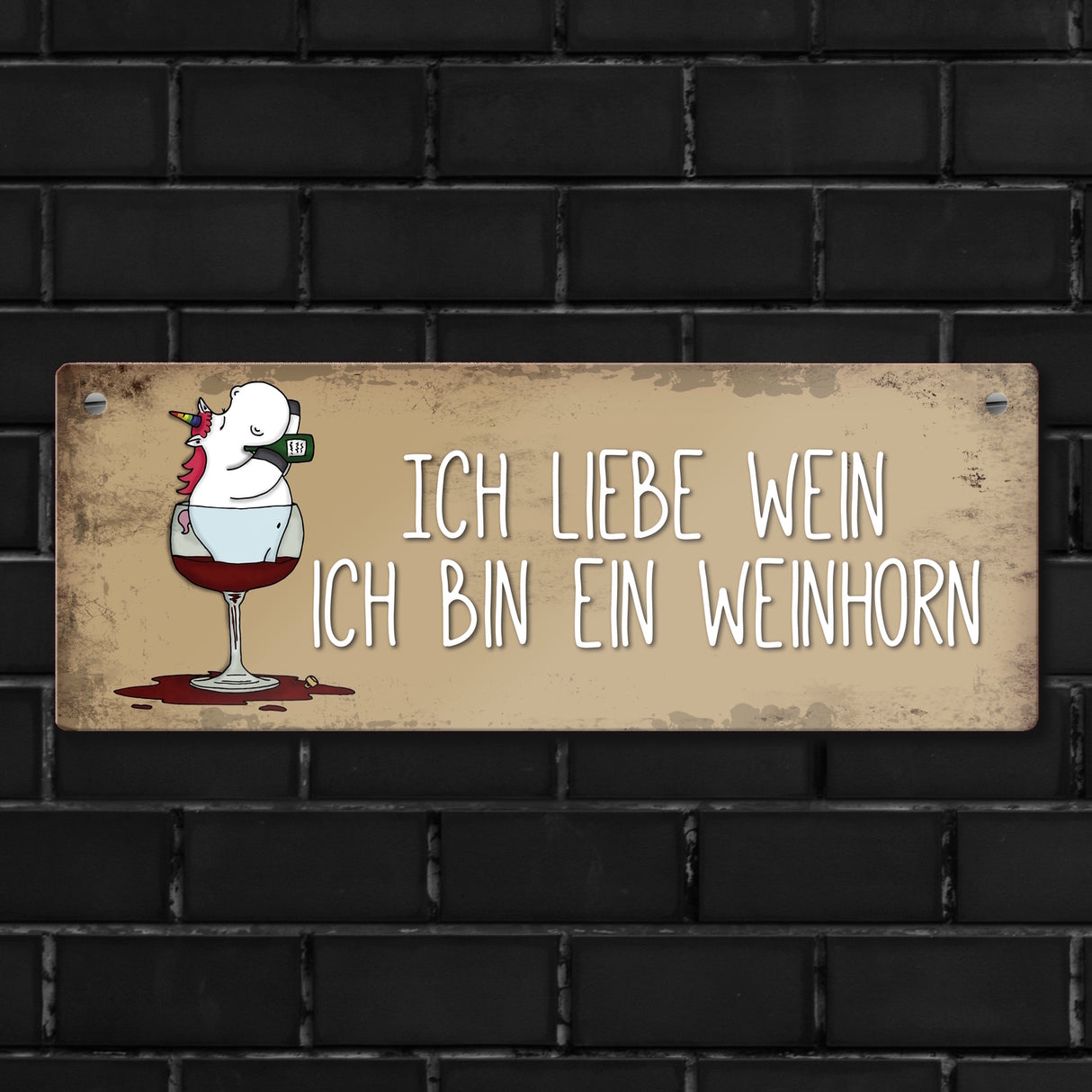 Honeycorns Metallschild mit Einhorn Motiv und Spruch: Ich liebe Wein, ich bin ein Weinhorn