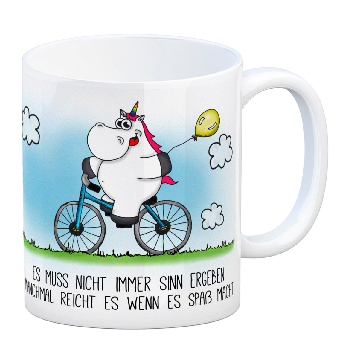 Honeycorns Kaffeebecher mit Einhorn Fahrrad Motiv und Spruch: Es muss nicht immer Sinn ergeben...