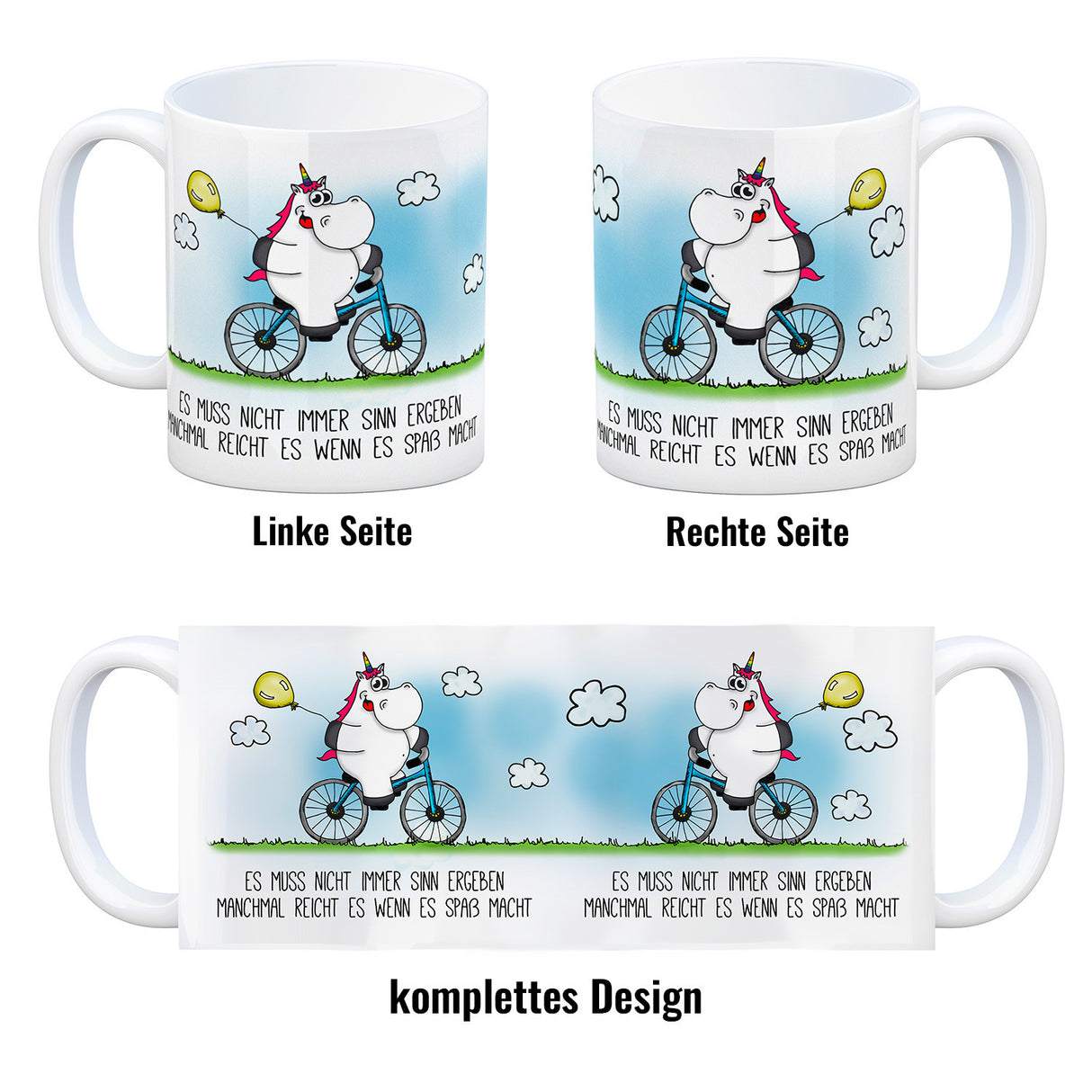 Honeycorns Kaffeebecher mit Einhorn Fahrrad Motiv und Spruch: Es muss nicht immer Sinn ergeben...