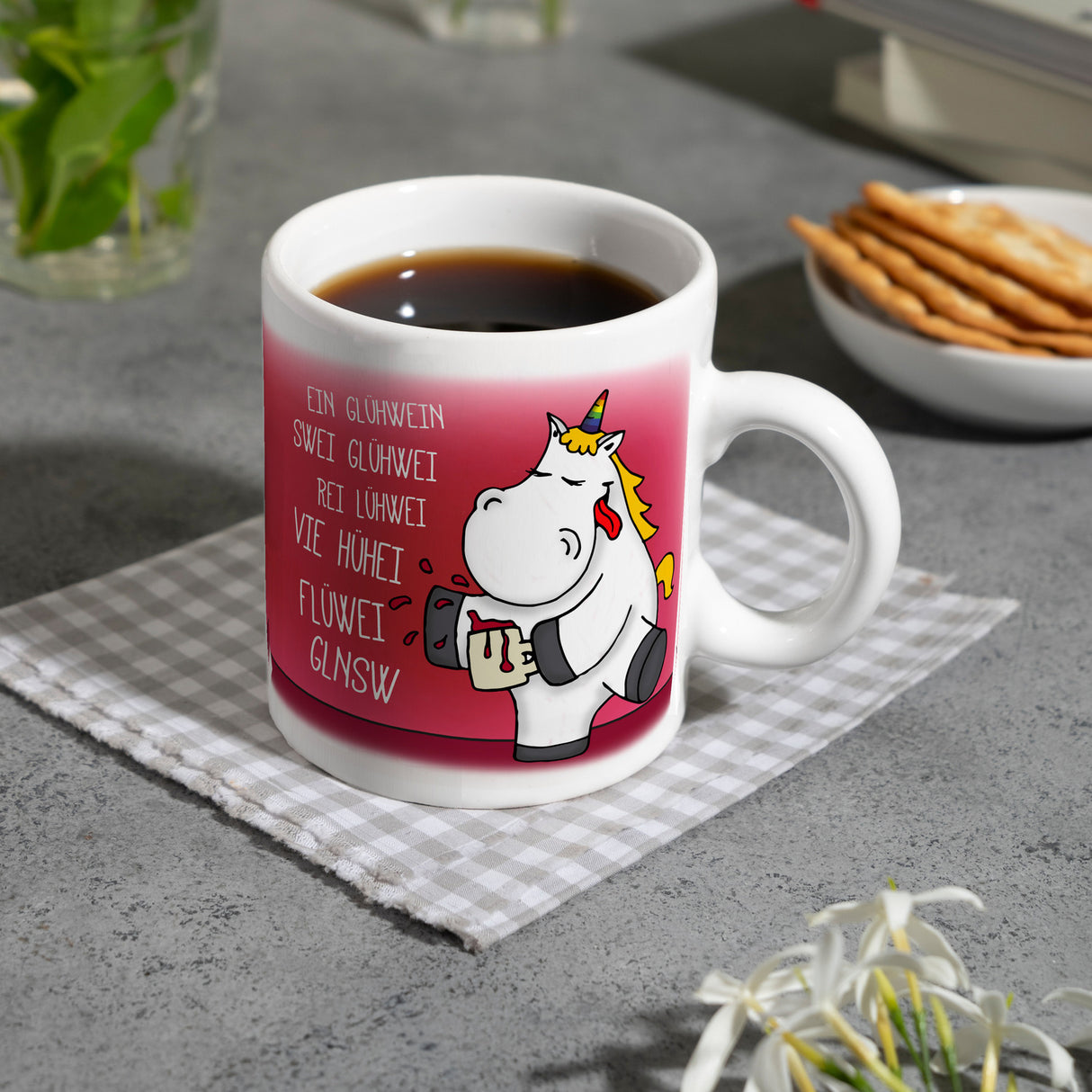 Honeycorns Kaffeebecher mit Einhorn mit Glühwein Motiv
