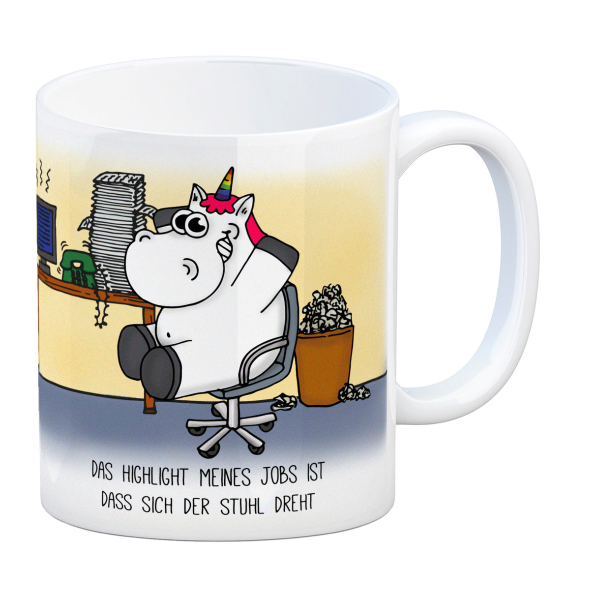 Honeycorns Kaffeebecher mit Einhorn Motiv und Spruch: Highlight meines Jobs...