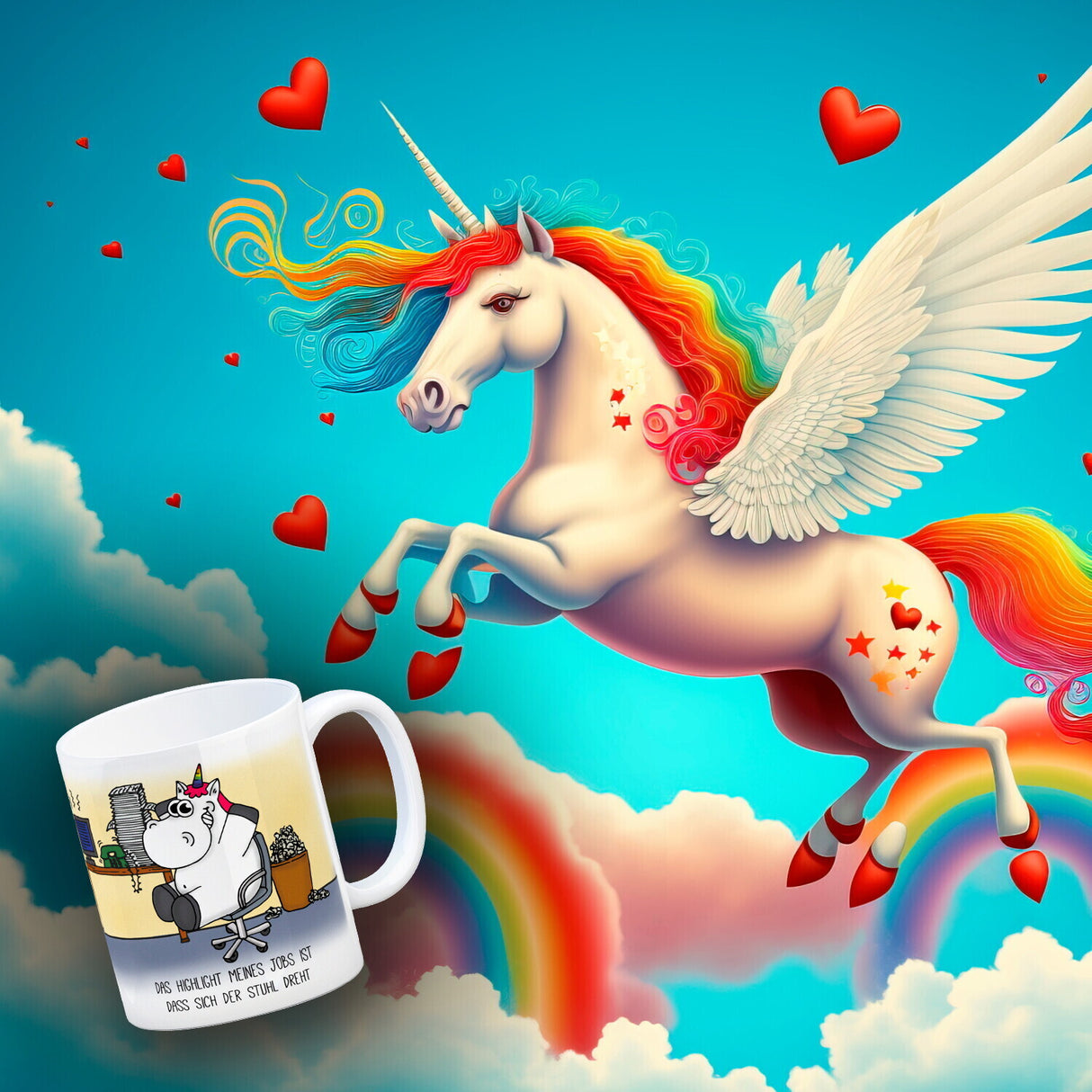 Honeycorns Kaffeebecher mit Einhorn Motiv und Spruch: Highlight meines Jobs...