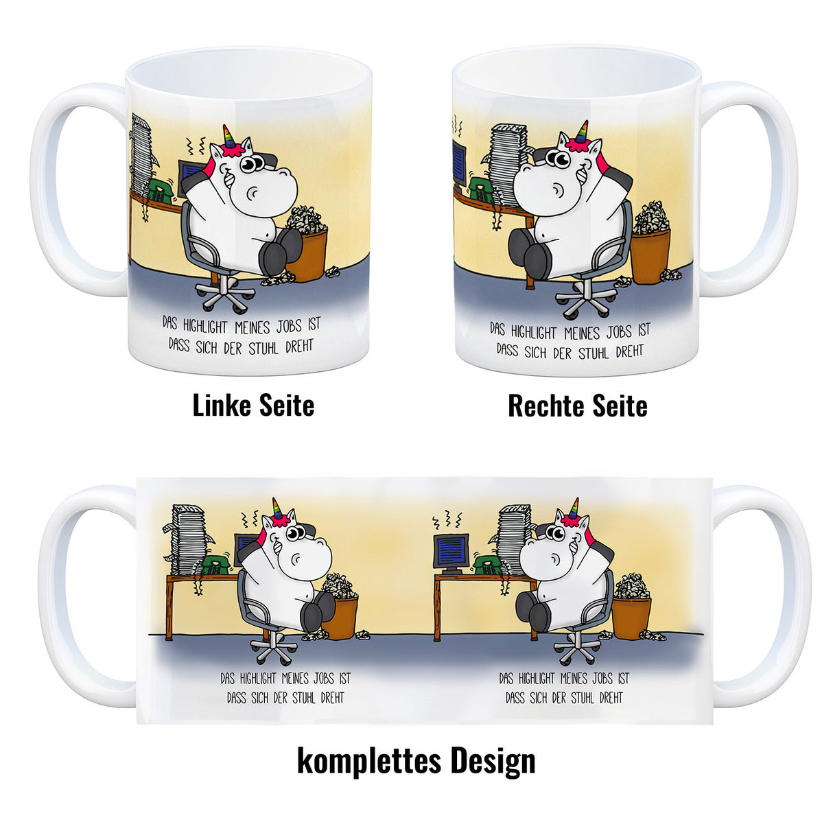 Honeycorns Kaffeebecher mit Einhorn Motiv und Spruch: Highlight meines Jobs...