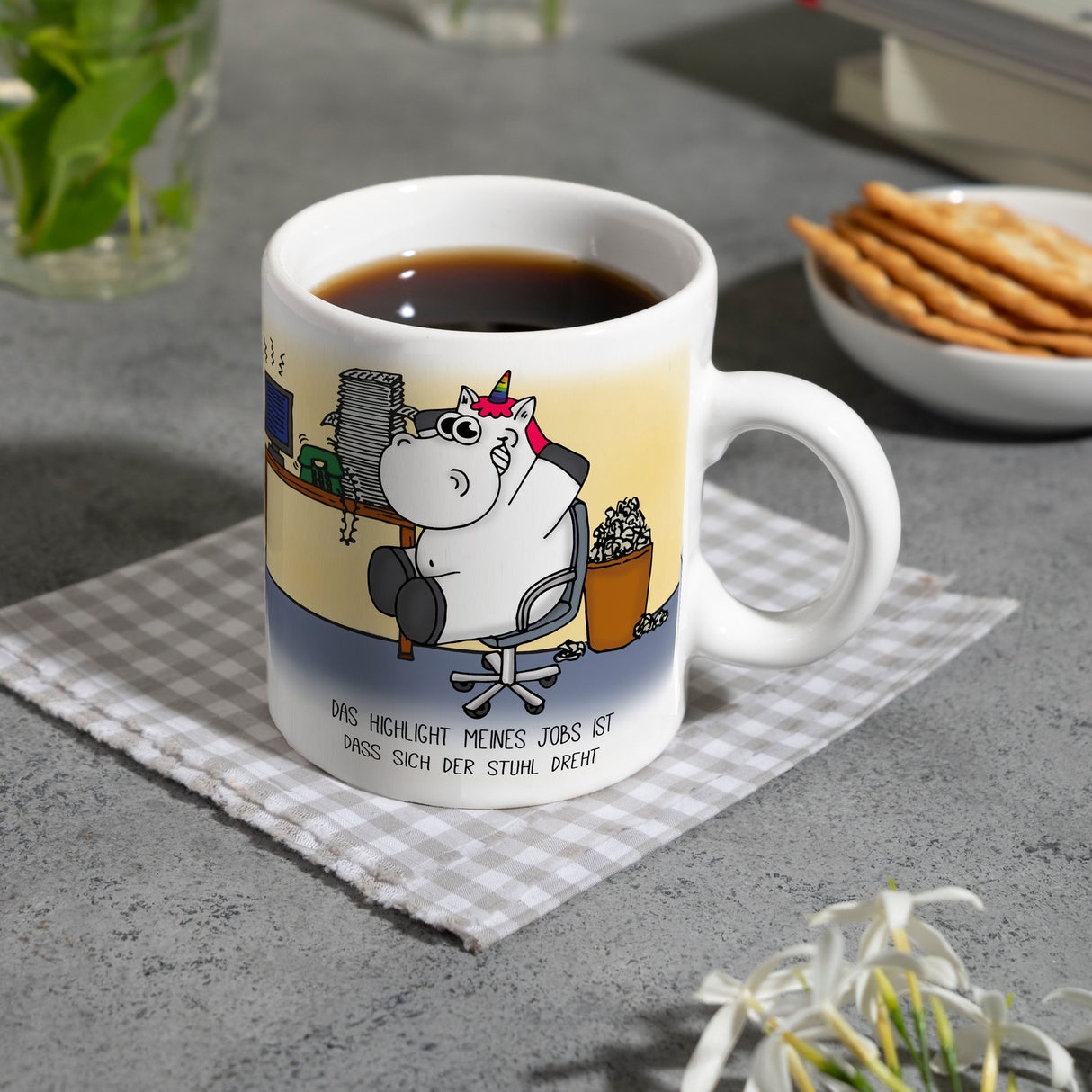 Honeycorns Kaffeebecher mit Einhorn Motiv und Spruch: Highlight meines Jobs...