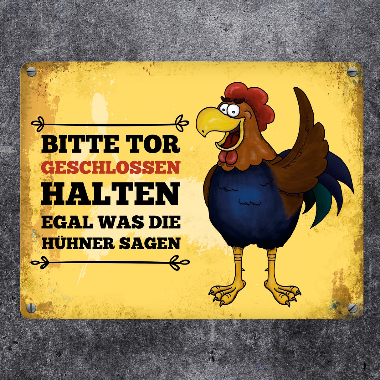 Bitte Tor geschlossen halten Metallschild mit Hahn Motiv - Huhn Hühnerstall Tür