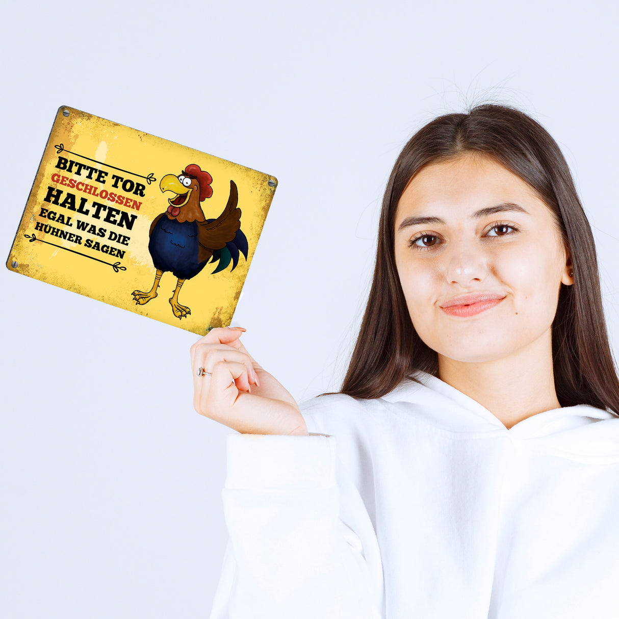 Bitte Tor geschlossen halten Metallschild mit Hahn Motiv - Huhn Hühnerstall Tür