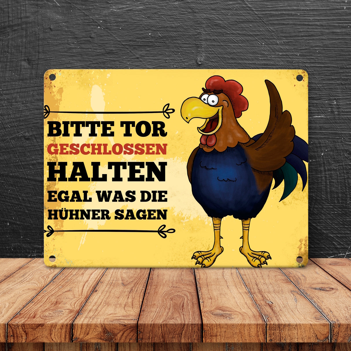 Bitte Tor geschlossen halten Metallschild mit Hahn Motiv - Huhn Hühnerstall Tür