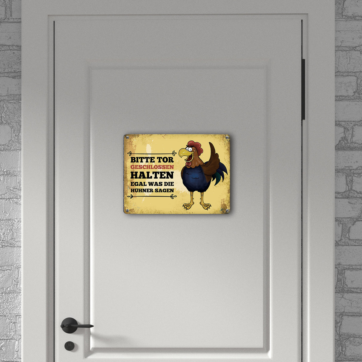 Bitte Tor geschlossen halten Metallschild mit Hahn Motiv - Huhn Hühnerstall Tür