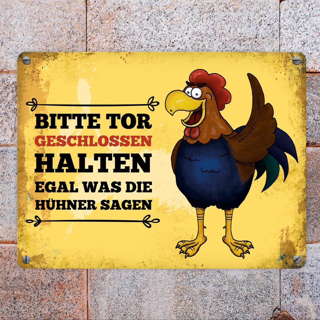 Bitte Tor geschlossen halten Metallschild mit Hahn Motiv - Huhn Hühnerstall Tür