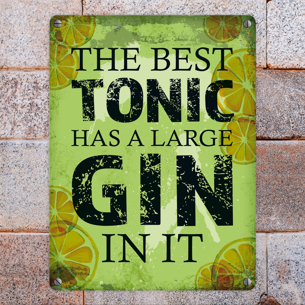 Metallschild mit Gin Tonic Motiv und Spruch: Best Tonic has Gin in it