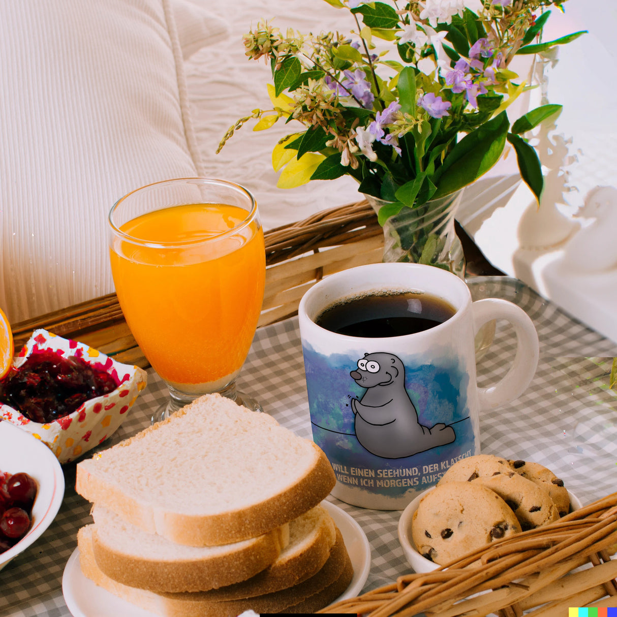 Kaffeebecher mit Seehund Motiv und Spruch: Ich will einen Seehund, der klatscht, ...