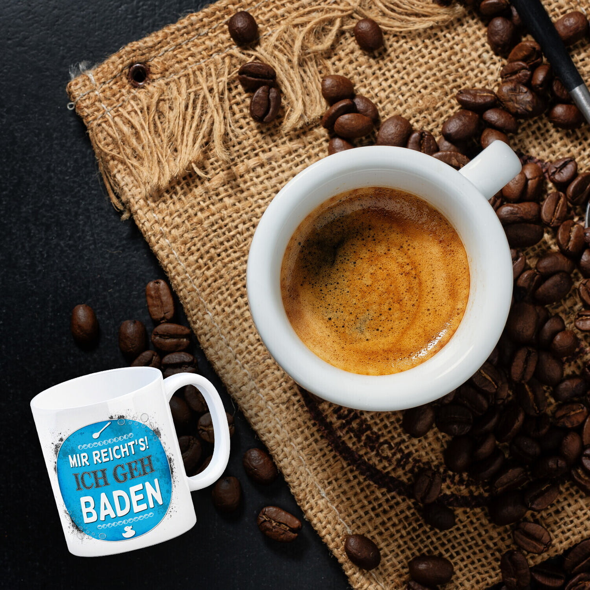 Kaffeebecher mit Spruch: Mir reicht's! Ich geh baden
