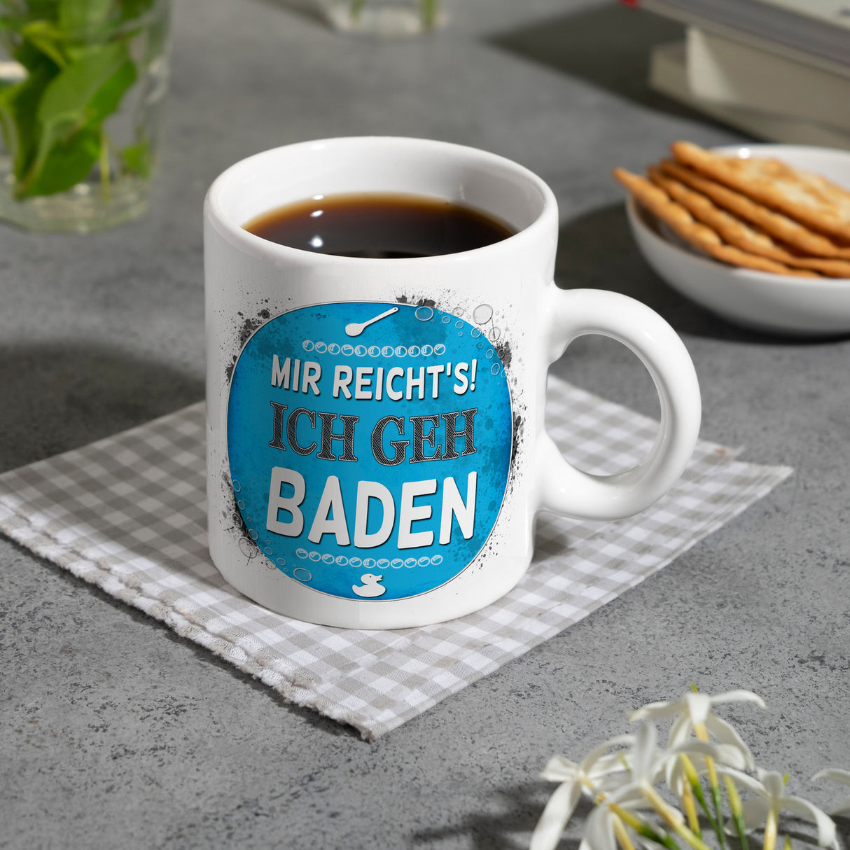 Kaffeebecher mit Spruch: Mir reicht's! Ich geh baden