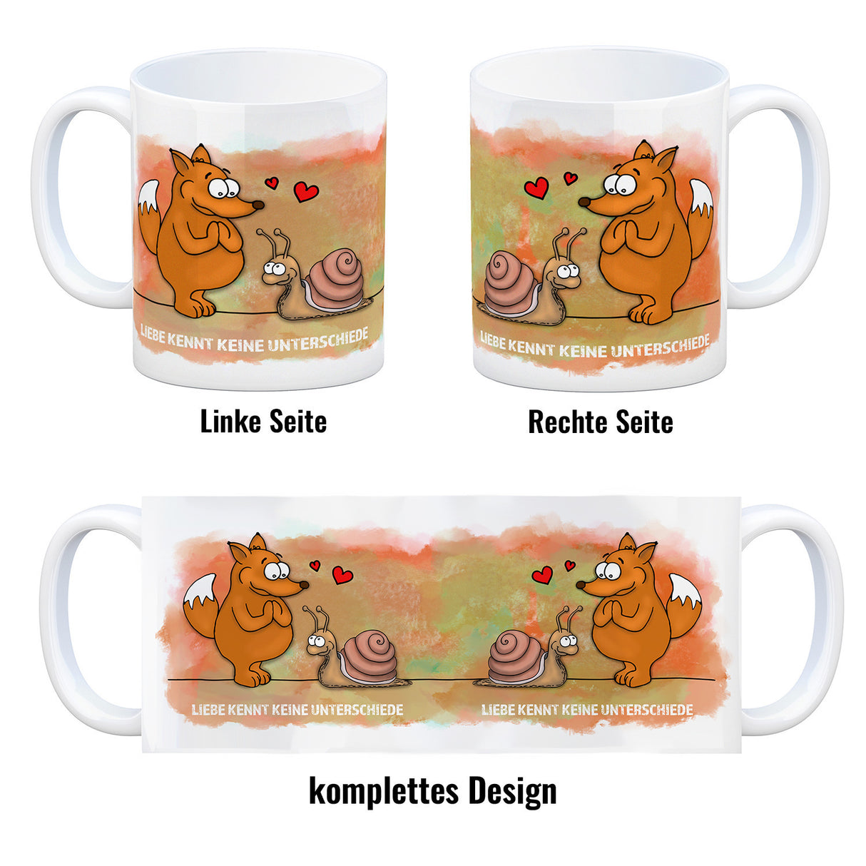 Kaffeebecher mit Fuchs und Schnecke Motiv und Spruch: Liebe kennt keine Unterschiede