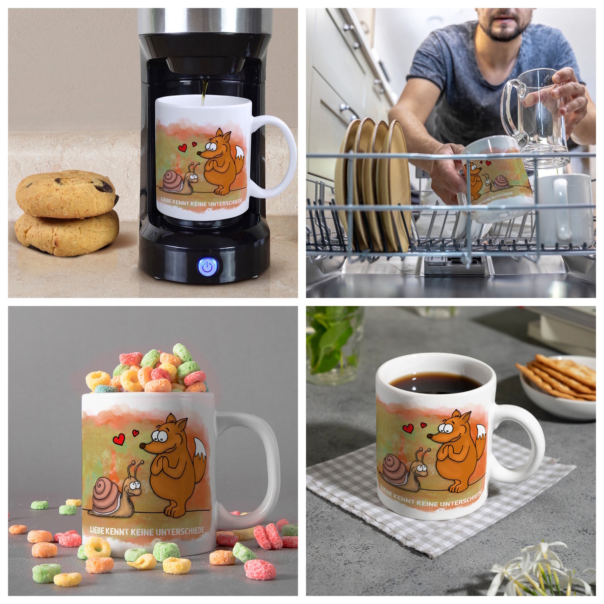 Kaffeebecher mit Fuchs und Schnecke Motiv und Spruch: Liebe kennt keine Unterschiede