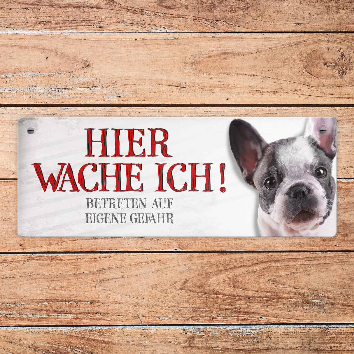 Metallschild mit Französische Bulldogge Motiv und Spruch: Betreten auf eigene Gefahr ...