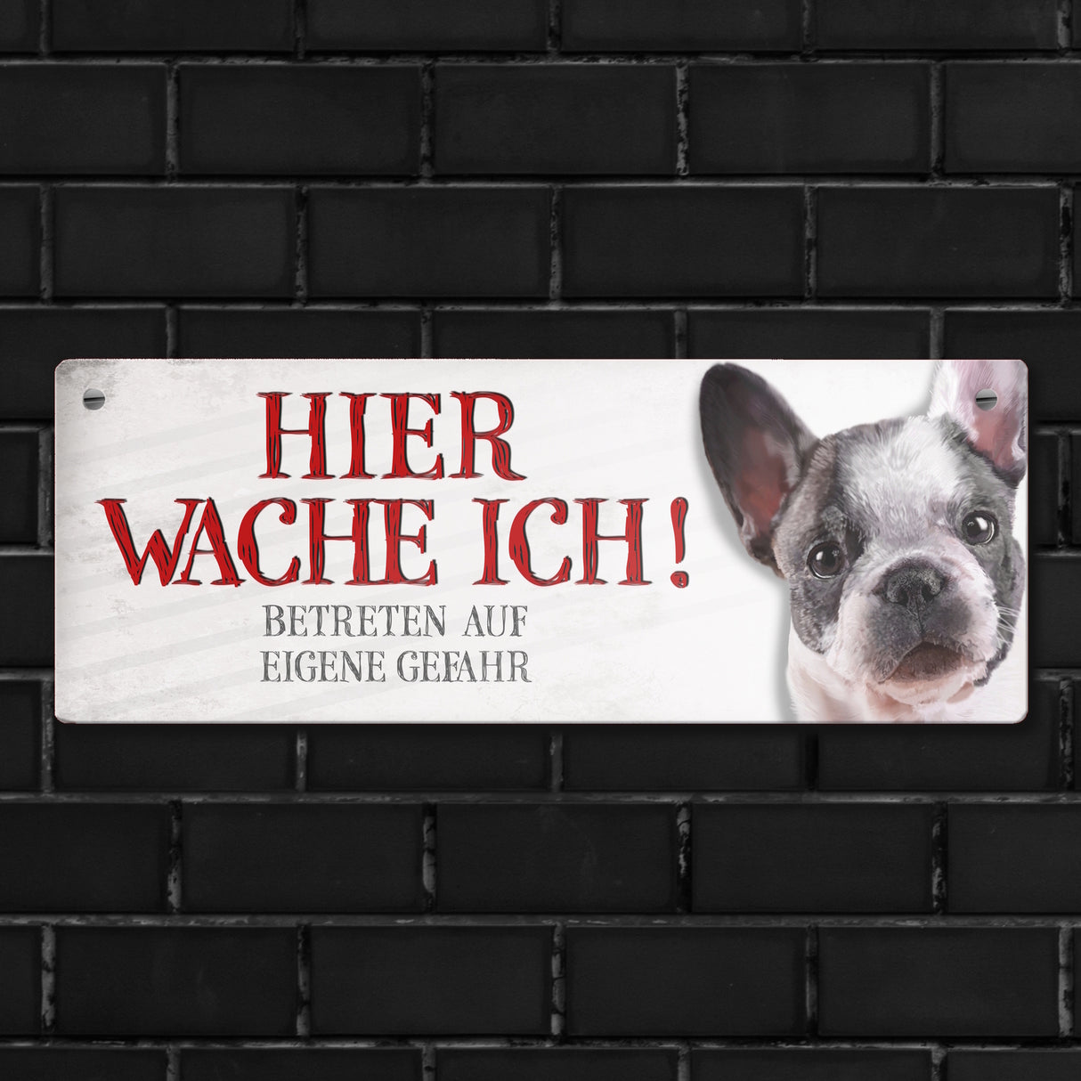 Metallschild mit Französische Bulldogge Motiv und Spruch: Betreten auf eigene Gefahr ...