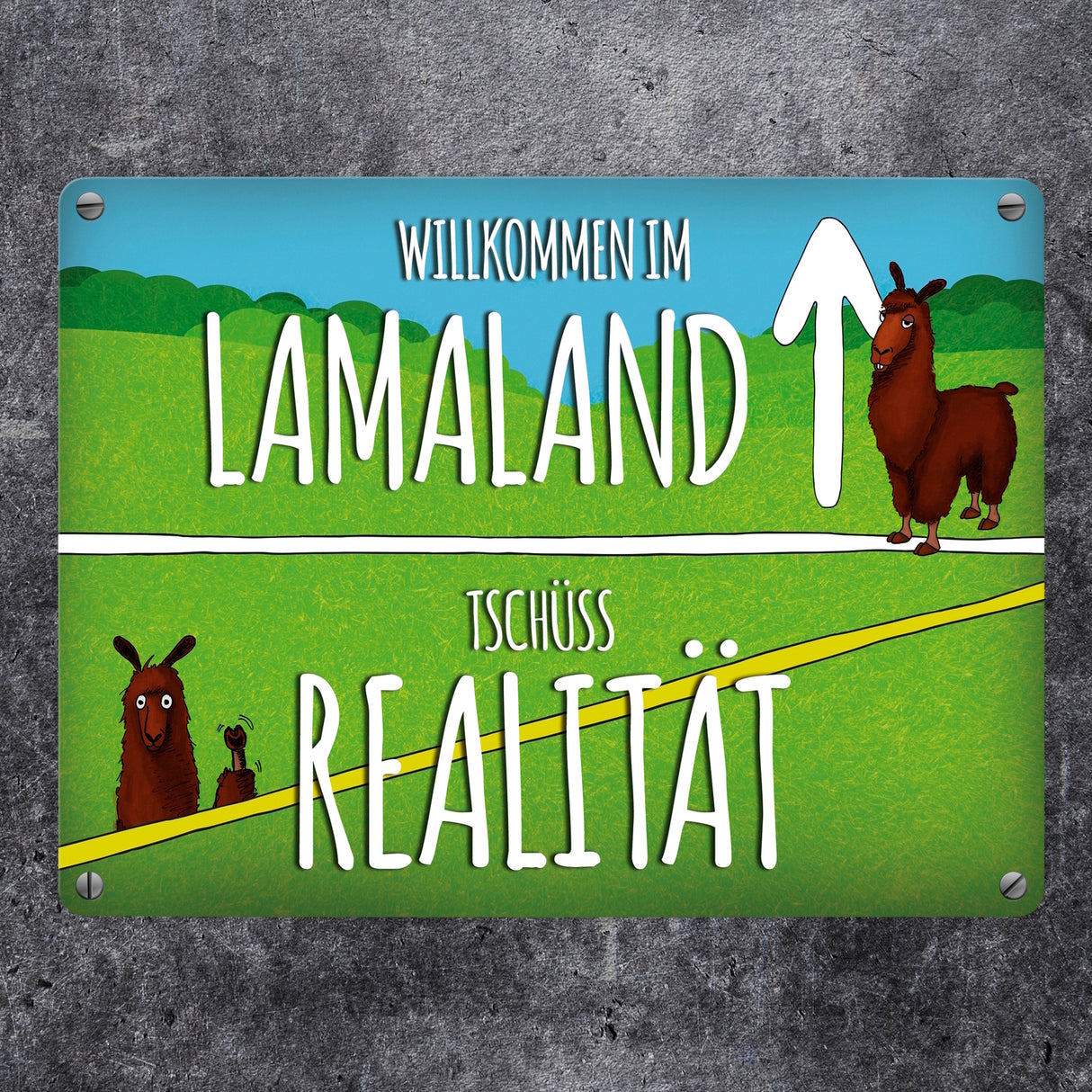Metallschild mit Lama Motiv und Spruch: Willkommen im Lamaland