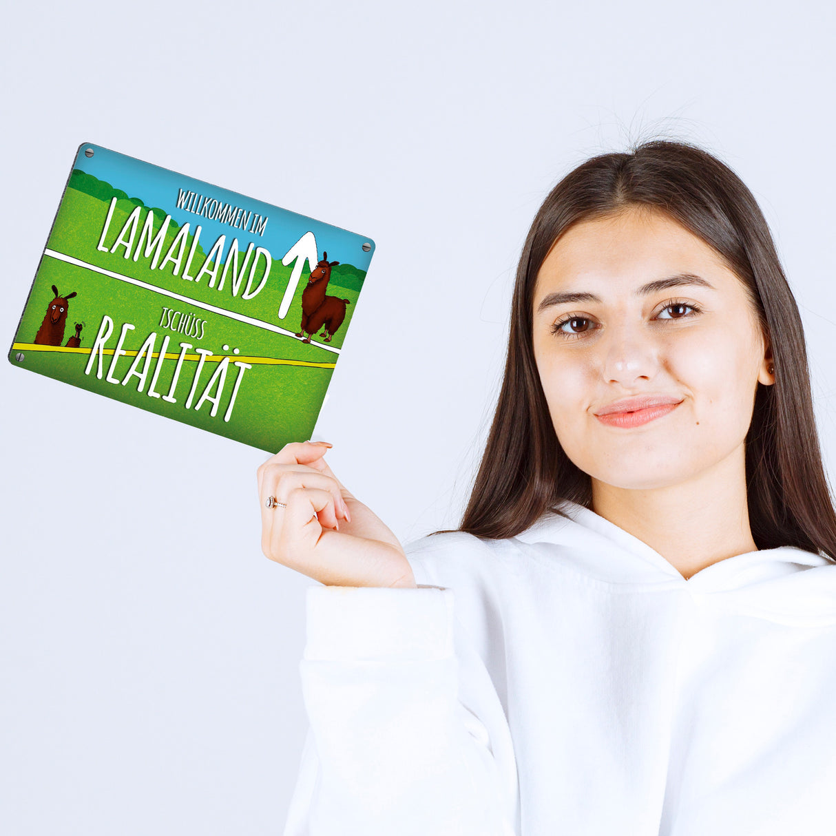 Metallschild mit Lama Motiv und Spruch: Willkommen im Lamaland