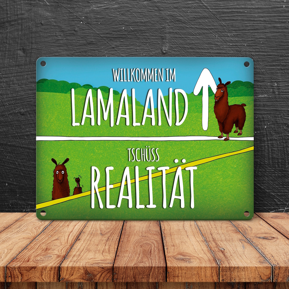 Metallschild mit Lama Motiv und Spruch: Willkommen im Lamaland
